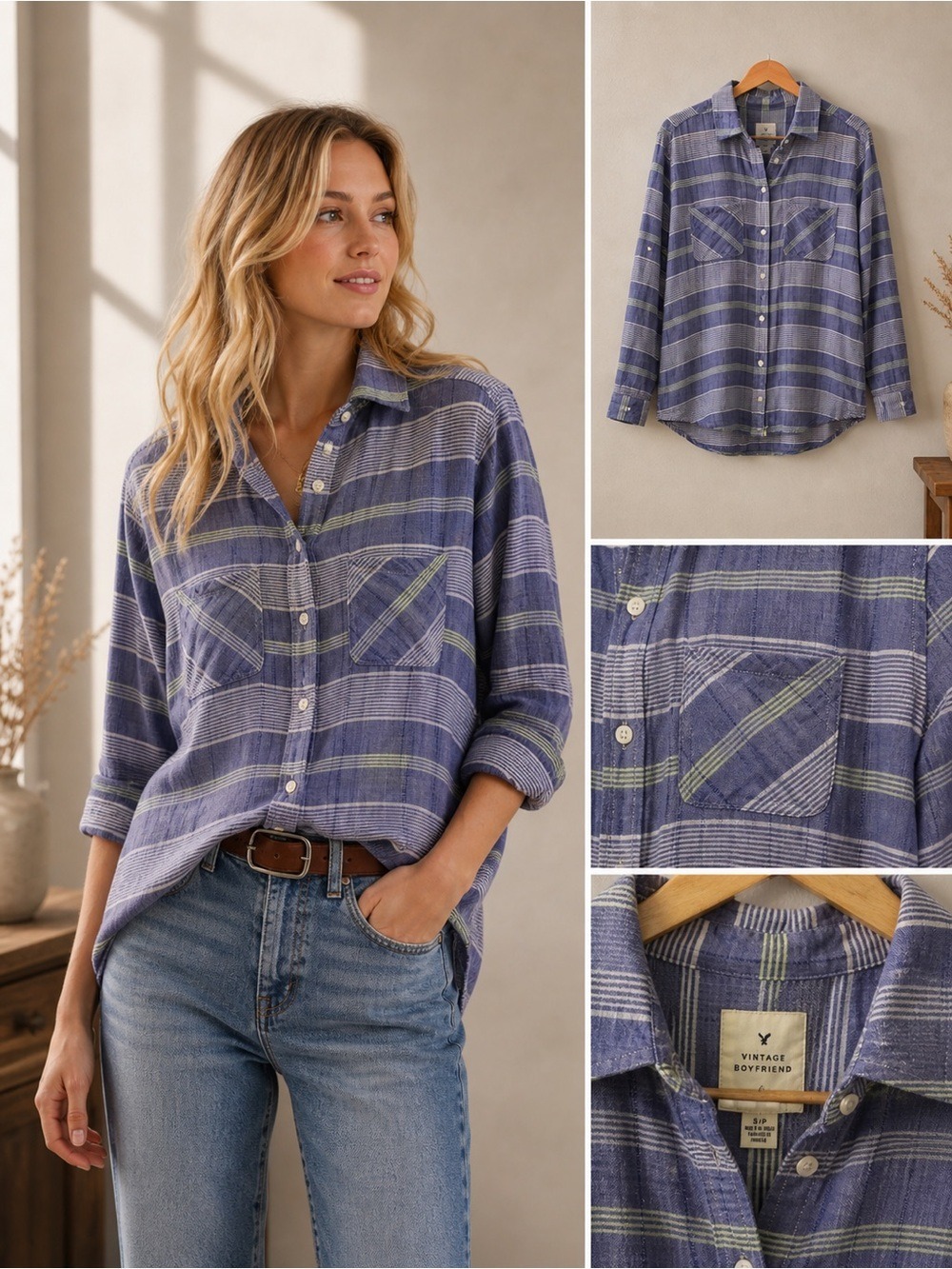 2/40$AEO plaid blue Vintage boyfriend cotton button down blouse Small CORNFLOWER